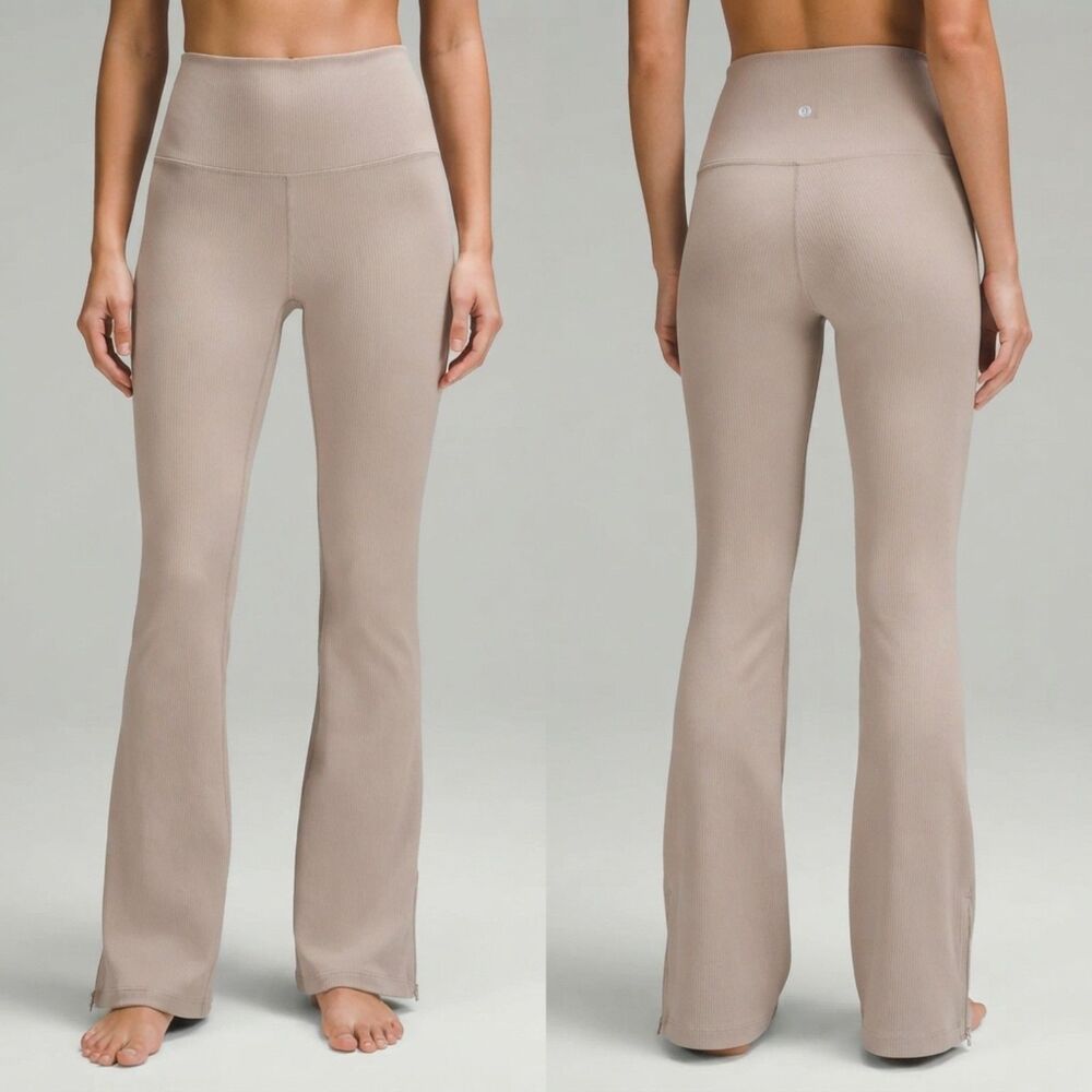 Lululemon Brushed Softstreme Ribbed Zip Hem Flared Pants Taupe Beige 6